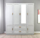 White 75-inch ribbed textured wood wardrobe with six doors and two drawers from HomeRoots, featuring sleek modern design.