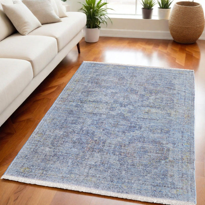 5' X 8' Abstract Hand Woven Distressed Area Rug With Fringe - Blue And Ivory