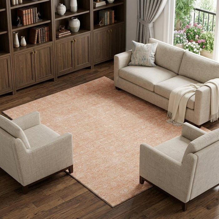 9' X 12' Floral Washable Area Rug With UV Protection (656914) - Peach / Ivory