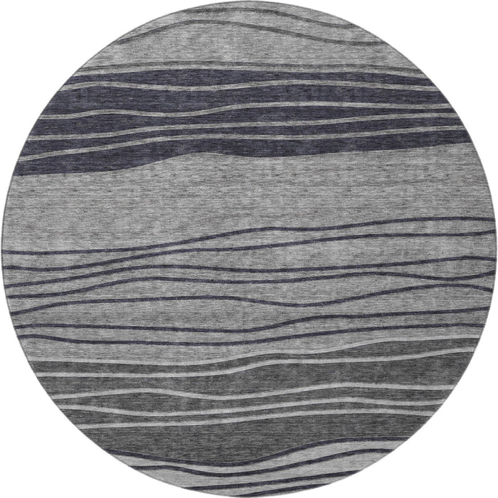 8' Striped Washable Round Rug Polyester With UV Protection - Gray And Silver