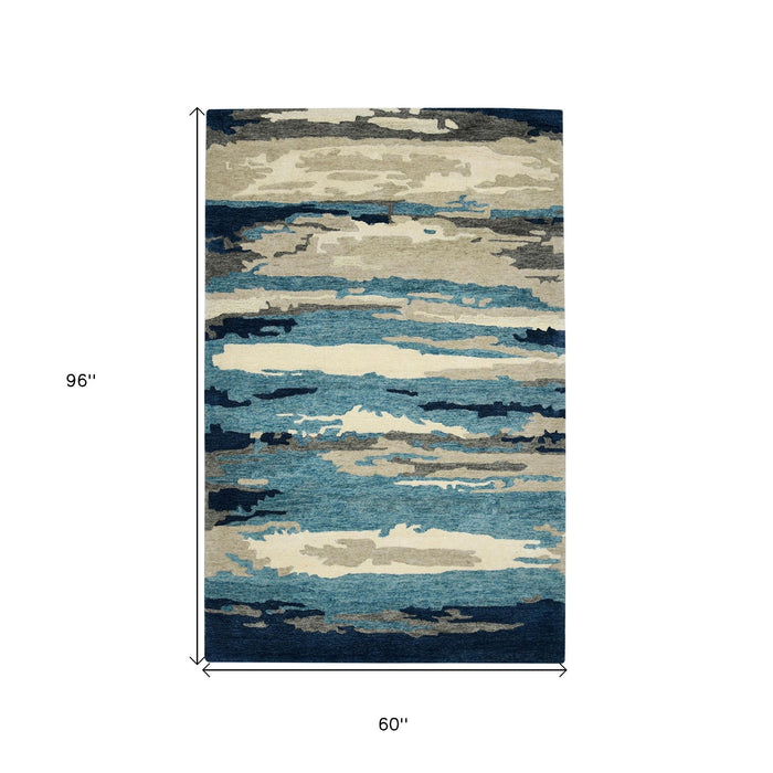 5' X 8' Wool Abstract Hand Tufted Area Rug - Blue