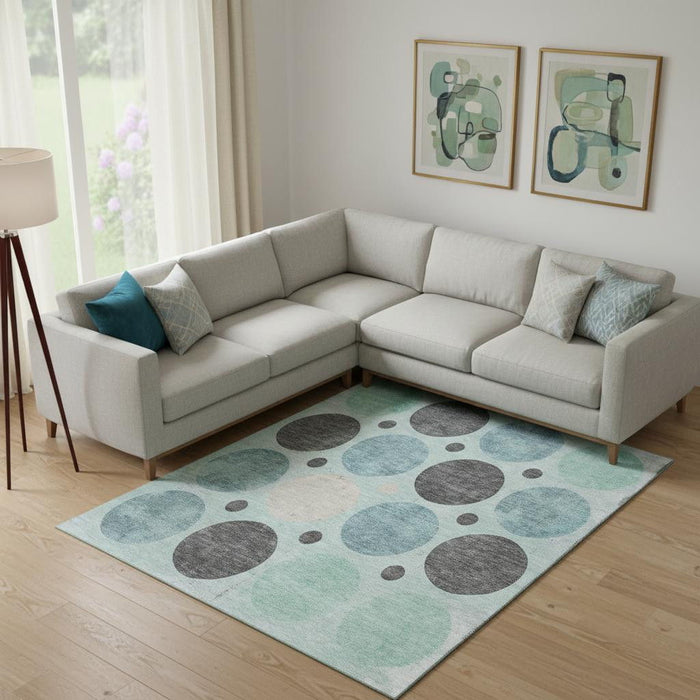 10' X 14' Geometric Washable Area Rug With UV Protection (709180) - Teal / Charcoal / Beige