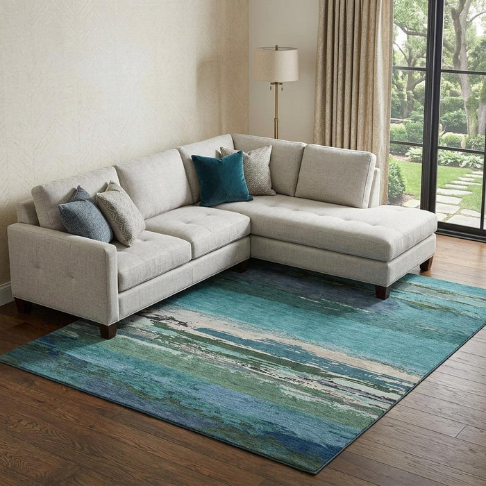 10' X 14' Abstract Washable Area Rug With UV Protection (692733) - Teal / Green / Ivory
