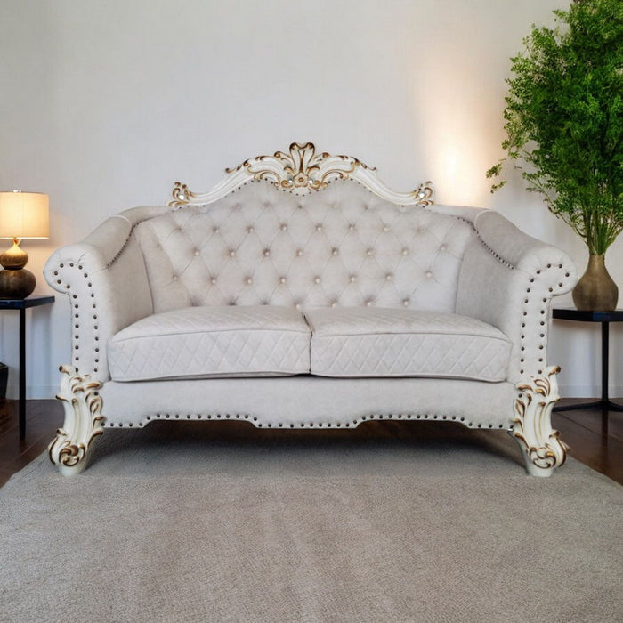 Two Tone Velvet Loveseat And Toss Pillows - Ivory / Pearl