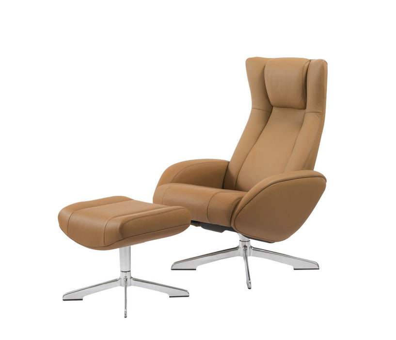 HomeRoots tufted camel genuine leather manual swivel recliner with matching ottoman, showcasing plush upholstery and comfortable design.