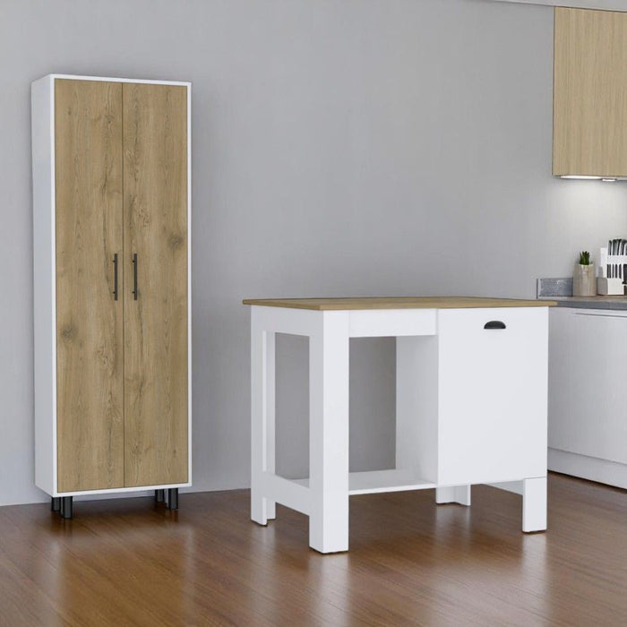 Wood Kitchen Island Pantry Cabinet (Set of 2) - Beige / White