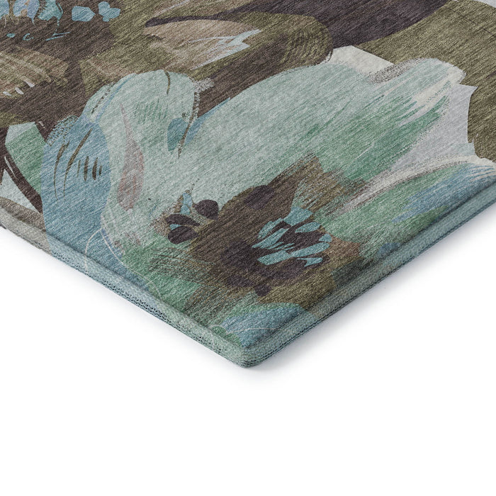 10' X 14' Floral Washable Area Rug With UV Protection (693984) - Khaki / Teal / Green
