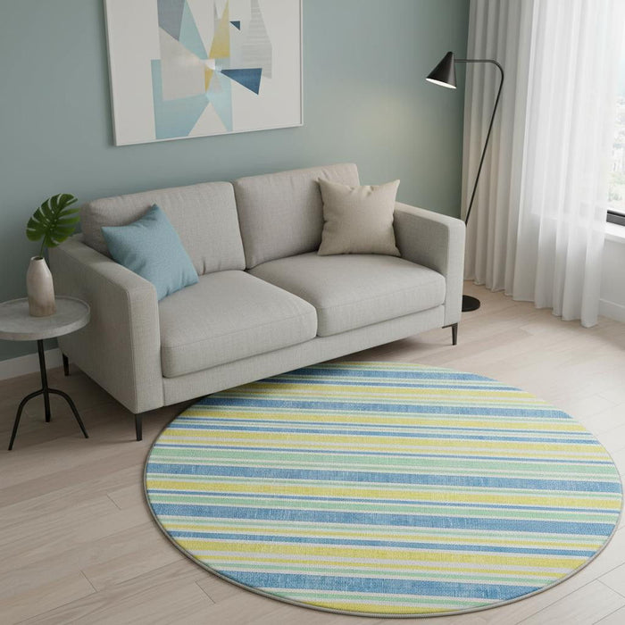 8' Striped Washable Round Rug With UV Protection (647893) - Yellow / Blue