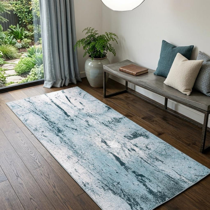 2' X 5' Abstract Washable Area Rug With UV Protection (609947) - White / Blue