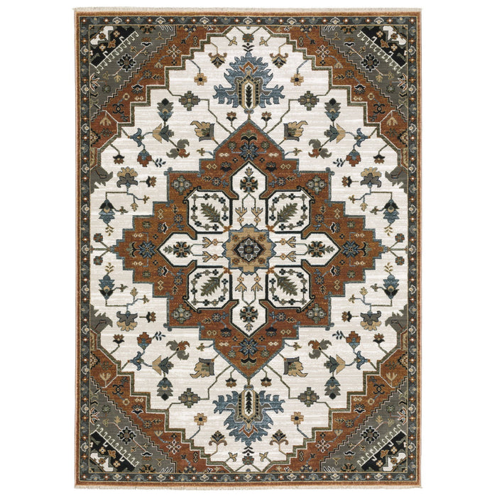 10' X 13' Medallion Area Rug With Fringe (575092) - Rust / Ivory / Black