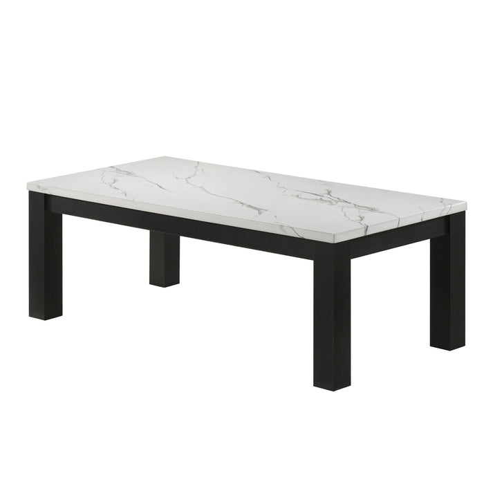 Modern Giga 3-piece living room table set with faux marble tops and wooden legs in black and white.