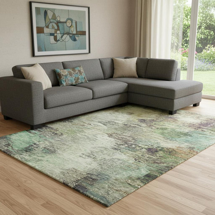 9' X 12' Abstract Washable Area Rug With UV Protection (650631) - Beige / Teal / Olive Green