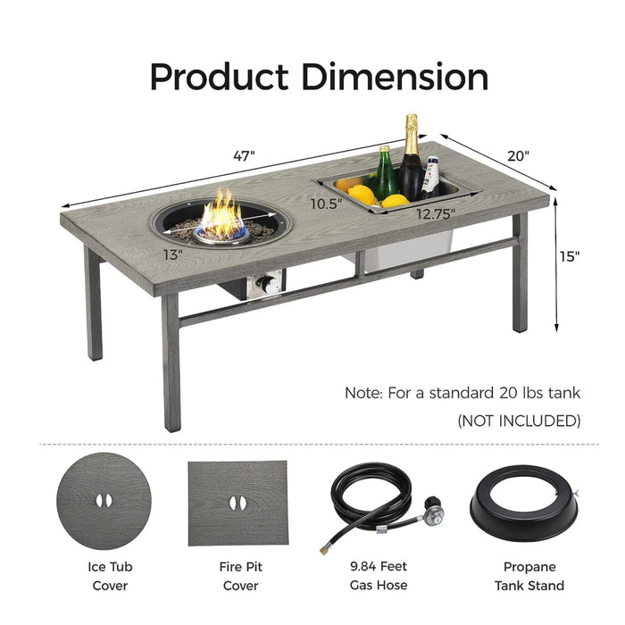 Giga 3-in-1 outdoor propane fire pit table in gray with 50,000 BTU, featuring an integrated ice bucket and modern design.