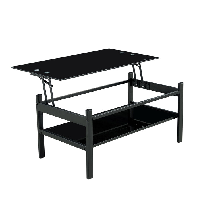 Modern black Giga glass lift top coffee table with two layers and tempered glass for living room use.
