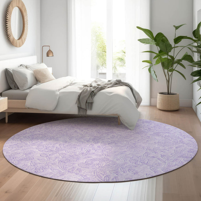 8' Floral Washable Round Rug With UV Protection - Lilac And Ivory