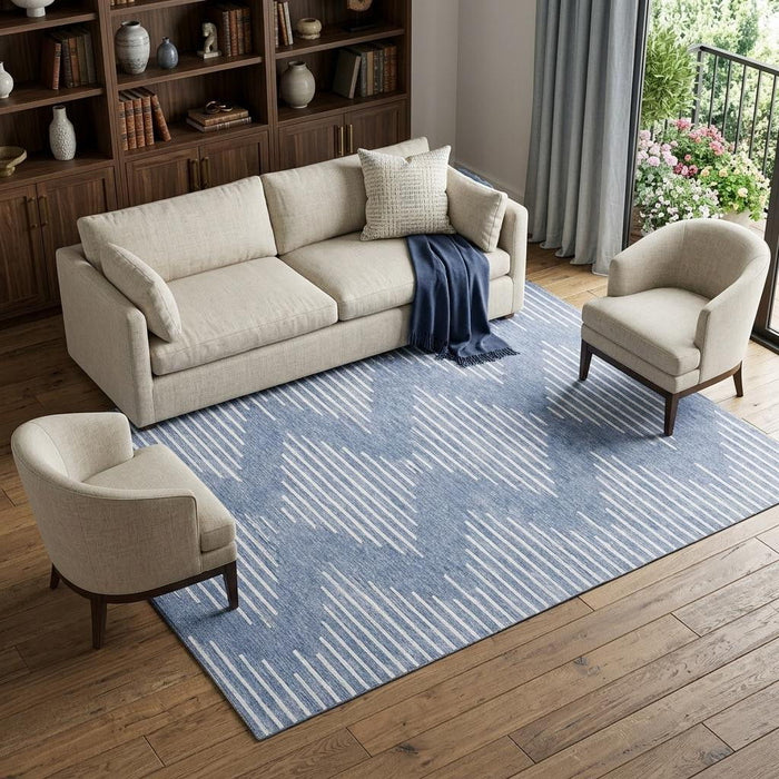 10' X 14' Geometric Washable Area Rug With UV Protection (679714) - Denim Blue / Ivory