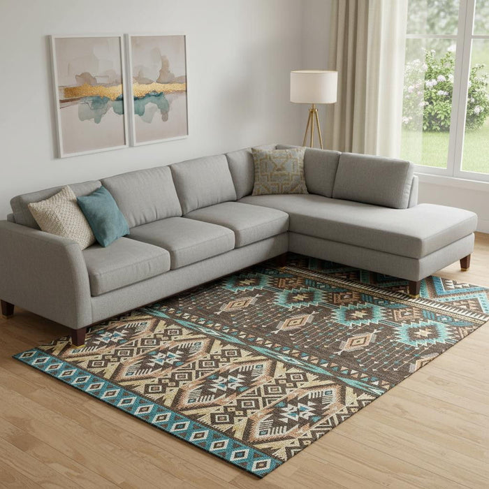 10' X 14' Tribal Washable Area Rug With UV Protection (705761) - Brown / Teal