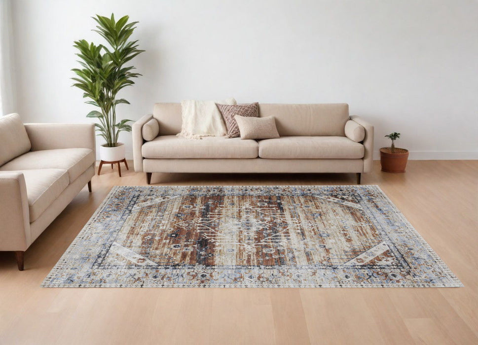 9' x 13' Abstract Power Loom Worn Faded Area Rug - Ivory Red And Blue