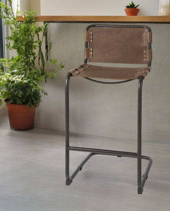 Leather And Steel Bar Chair - Brown