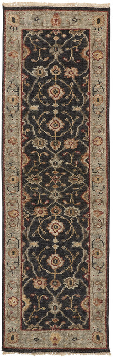8' Oriental Hand Knotted Runner Rug With Fringe - Black And Gold