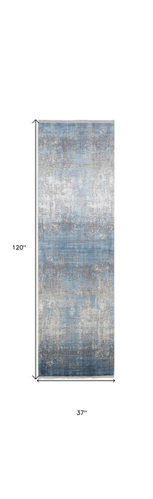 3' x 10' Abstract Power Loom Distressed Runner Rug With Fringe - Blue Gray And Silver