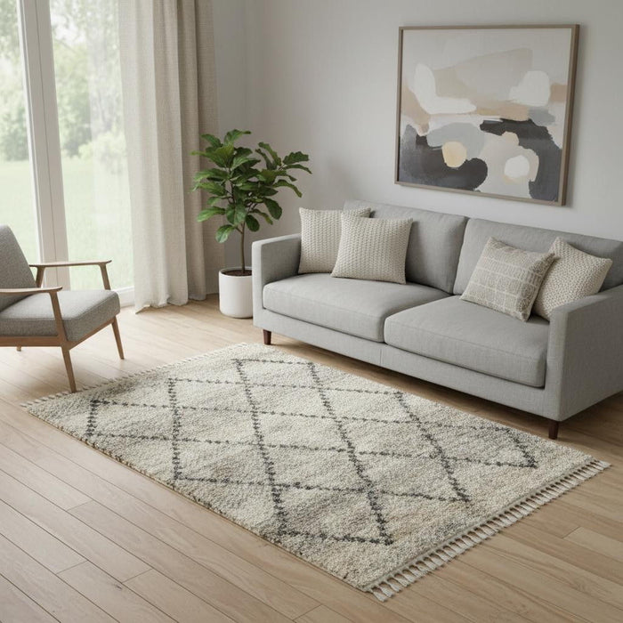 5' X 8' Geometric Shag Non Skid Area Rug (551135) - Ivory / Gray