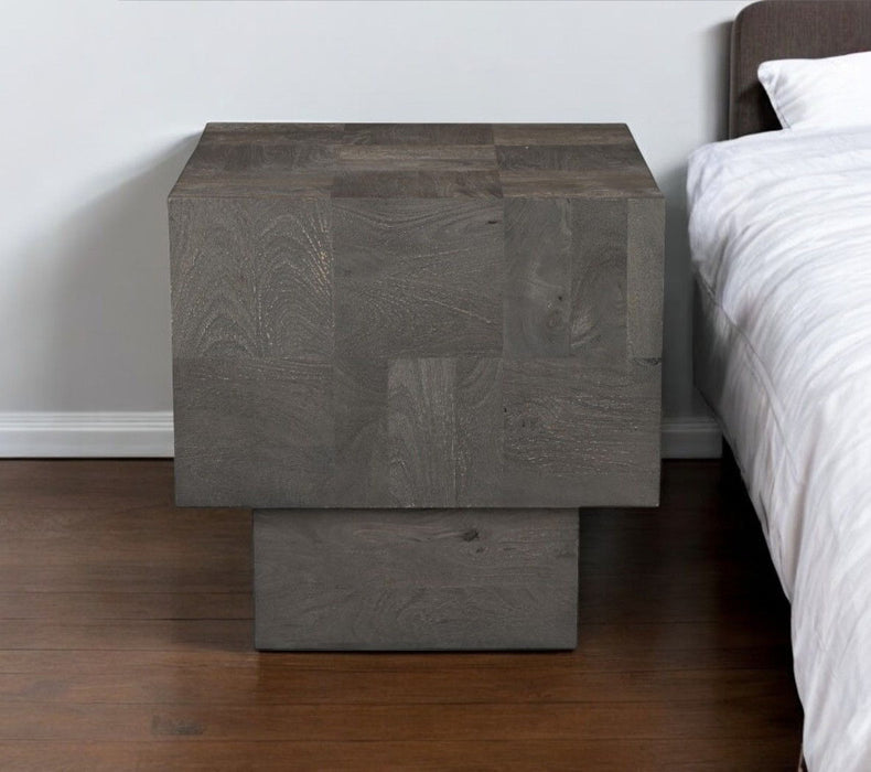 22" Distressed Solid Wood Square Block End Table - Gray