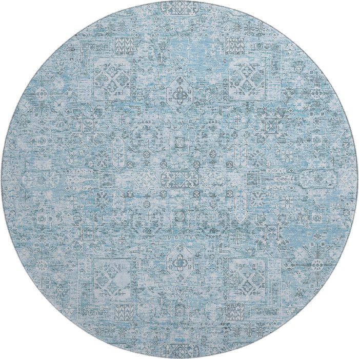8' Floral Washable Round Rug With UV Protection (651205) - Sky Blue / Ivory
