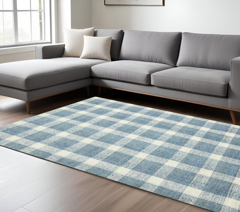 8' X 10' Wool Plaid Hand Tufted Area Rug - Blue And Ivory