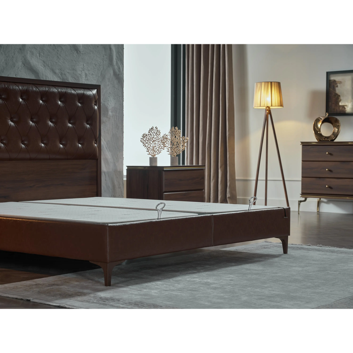 Bellona Montego brown leather bedroom set with storage, includes bed frame and matching furniture in queen and king sizes.