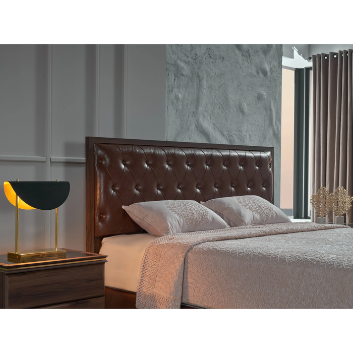 Bellona Montego brown leather bedroom set with storage drawers, includes queen and king size beds and matching bedroom furniture.