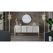 Bellona Gravita dining room set featuring an expandable table, six chairs, a buffet, and a mirror for elegant dining space.