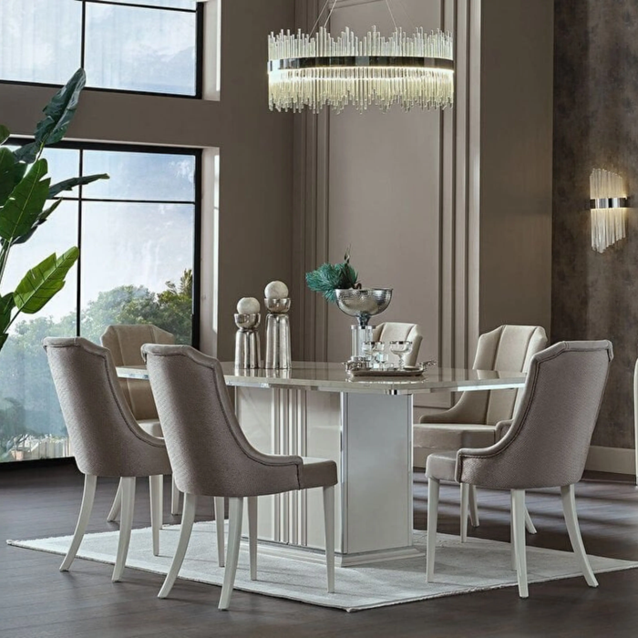 Bellona Gravita dining room set including expandable table, six chairs, buffet, and mirror, perfect for elegant dining spaces.