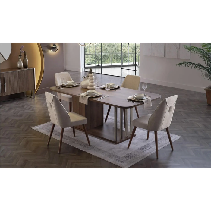Bellona Mirante dining room set with a table and six matching chairs, featuring modern design and wooden finish.
