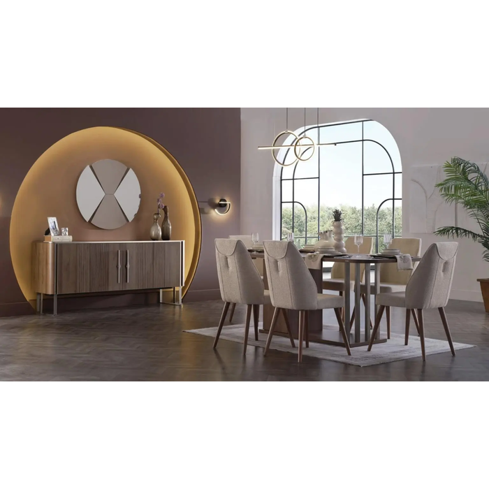 Bellona Mirante dining room table with six matching chairs, showcasing a modern wood finish and elegant design in a contemporary setting.