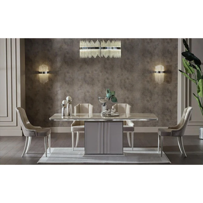 Bellona Ballona Gravita dining table with wooden top and sleek metal legs, modern design for contemporary dining spaces.