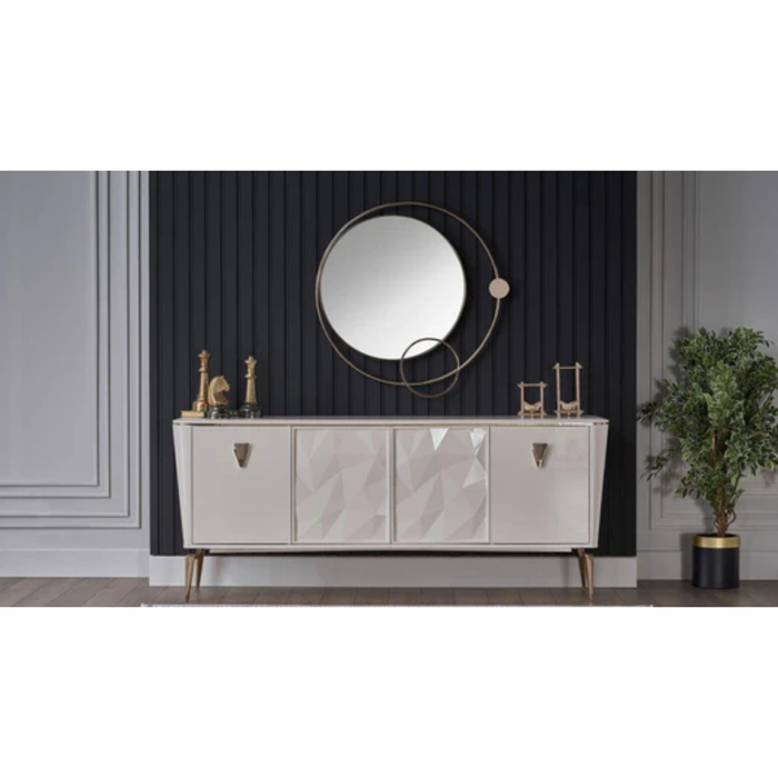 Bellona Plaza Buffet Mirror attached to a dresser, showcasing a sleek, modern design with a large rectangular mirror and wooden frame.