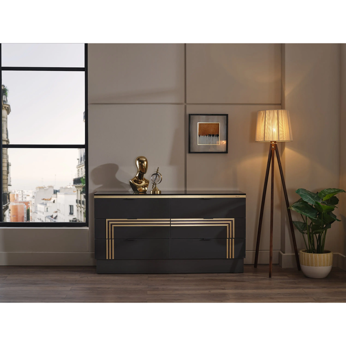 Bellona Carlino 6 Drawer Dresser in Prada Gray showing sleek design, six spacious drawers, and modern style for bedroom storage.