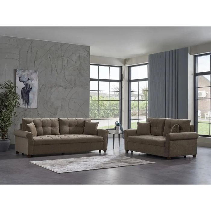 Bellona Mocca P Kol living room set featuring a sofa and armchair in a cozy, modern design with plush upholstery.