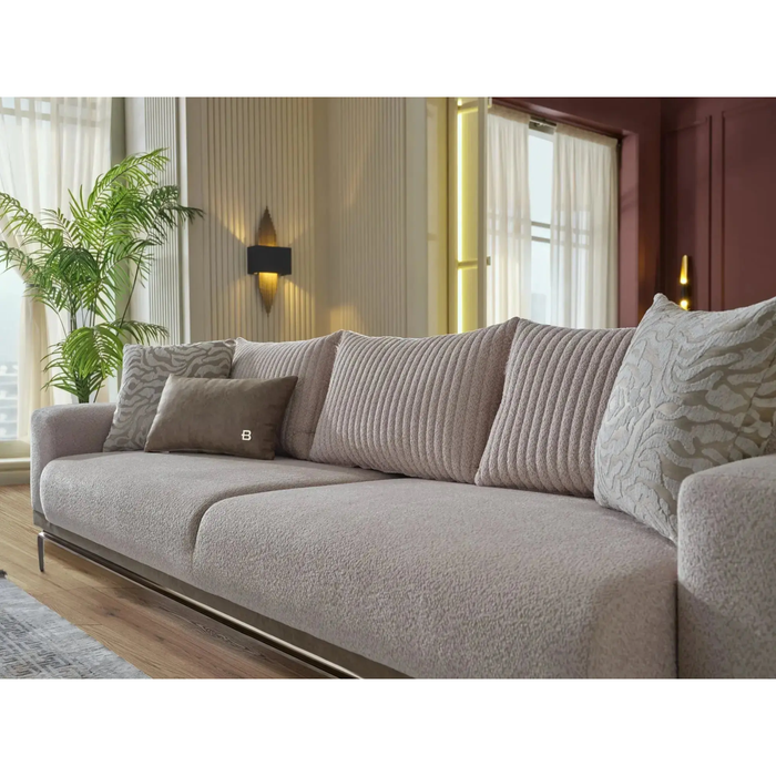 Bellona Estella cream living room set with sofa and armchairs, featuring plush cushions and wooden legs.