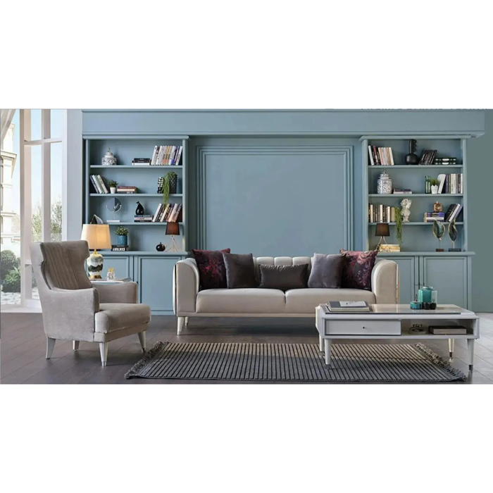 Bellona Gravita living room set with sofa and matching armchair in a modern design, featuring neutral fabric upholstery and wooden legs.