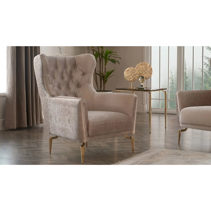 Bellona Plaza living room set featuring a sofa, armchair, and coffee table in a modern design with neutral upholstery and wooden accents.