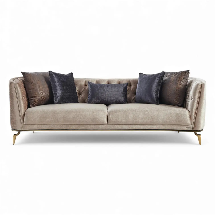 Bellona Plaza living room set with sofa and armchair in a modern design, fabric upholstery, and neutral color scheme.