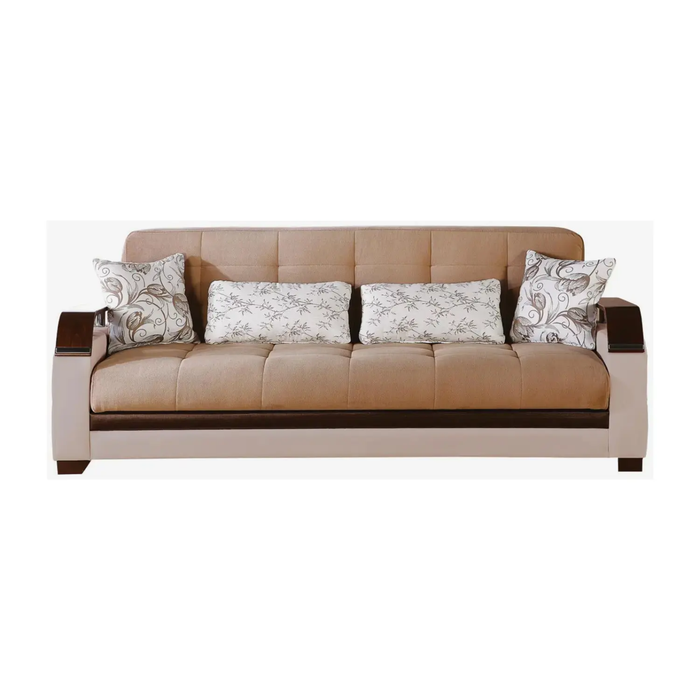 Bellona Natural Living Room Set featuring a sofa, armchair, and coffee table with neutral fabric and wooden accents.