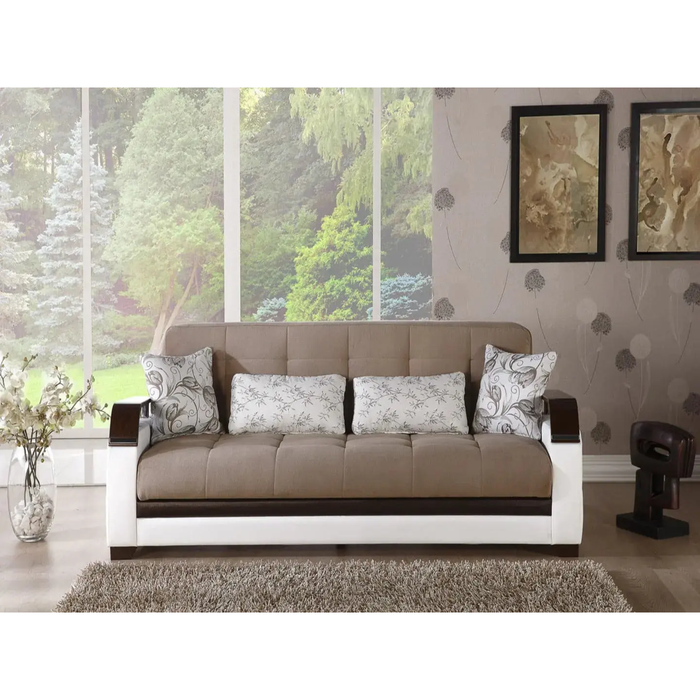 Bellona Natural Living Room Set featuring beige sofa and armchair with wooden legs in a modern, stylish living room setting.