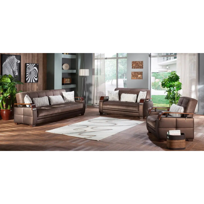 Bellona Natural Living Room Set featuring a sofa and armchair with neutral fabric upholstery and modern design.