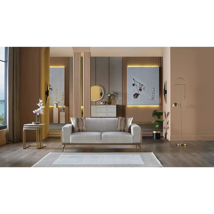 Bellona Montella Love Seat in Rome Vizon fabric, featuring plush cushions and elegant wooden legs for a stylish living room look.