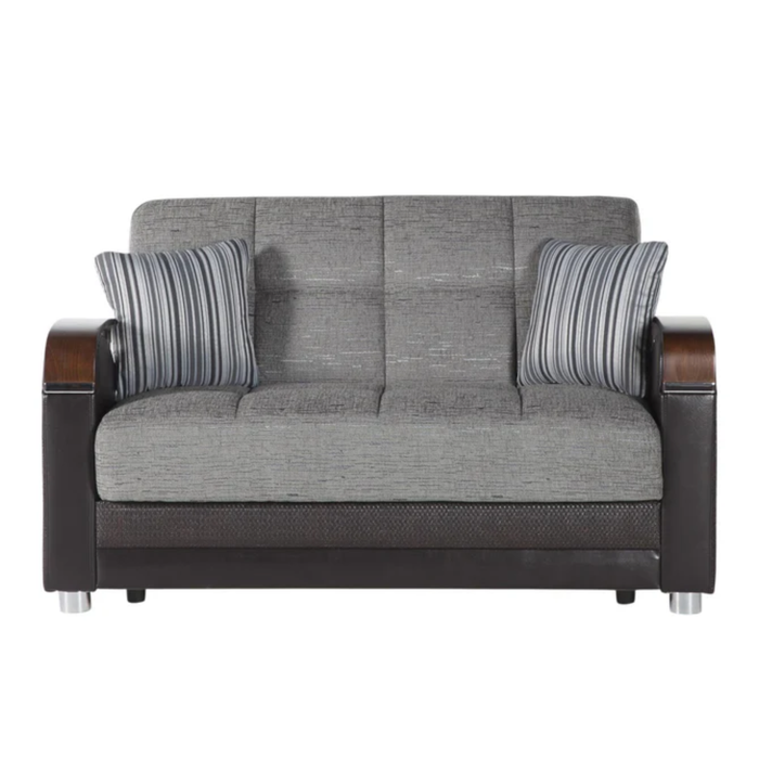 Bellona Luna loveseat in living room, upholstered in soft fabric with plush cushions and sleek wooden legs.