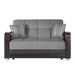 Bellona Luna loveseat in living room, upholstered in soft fabric with plush cushions and sleek wooden legs.
