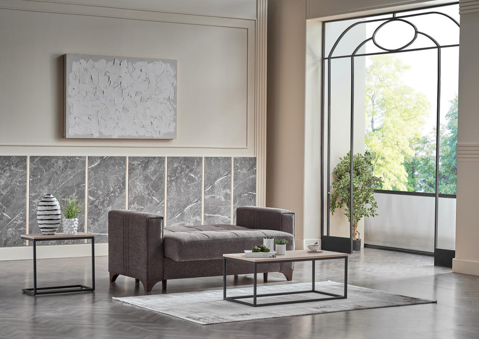Bellona Parma Love Seat with plush fabric upholstery and sleek wooden legs, showcasing a modern, comfortable design.